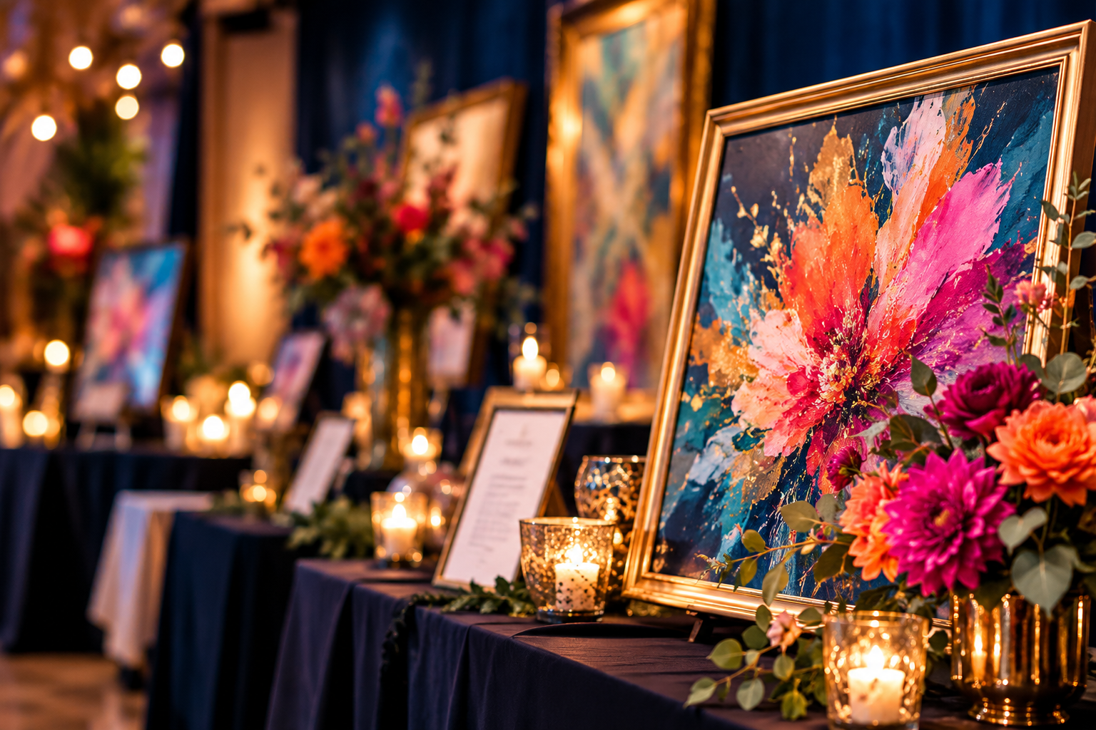 Wine glasses, candles, and colorful flowers arranged for the True Colors evening