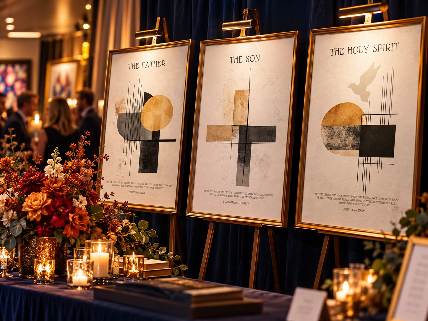 Framed artwork displayed with flowers and candlelight at True Colors